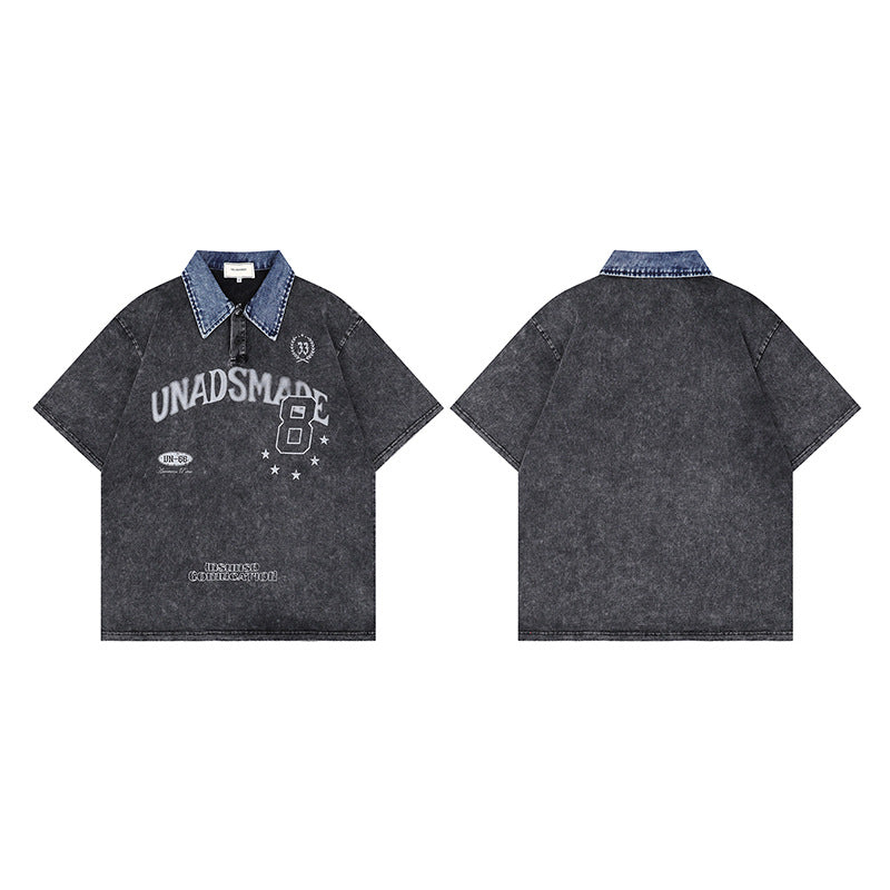 Racing oversized t shirt summer retro washed denim polo collar short sleeve t-shirt
