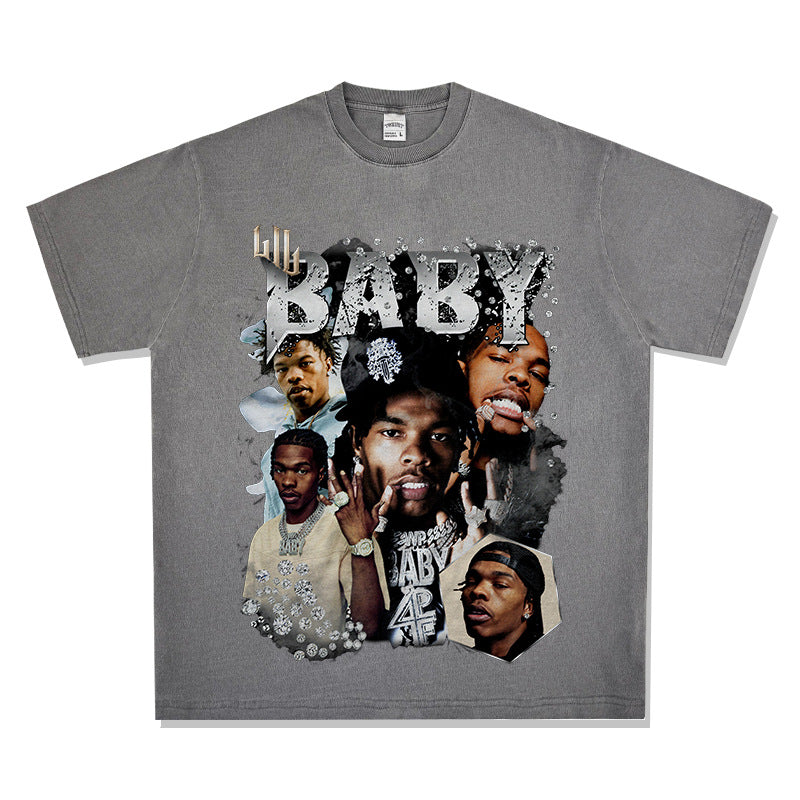 Cool t rapper retro hip hop Lil Baby print short sleeve t-shirt loose crew neck