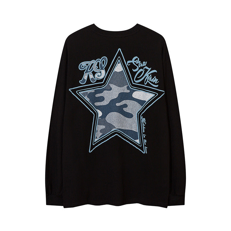 Vintage T Shirts Hip Hop Star Letter Foam Print Long Sleeve T-Shirt