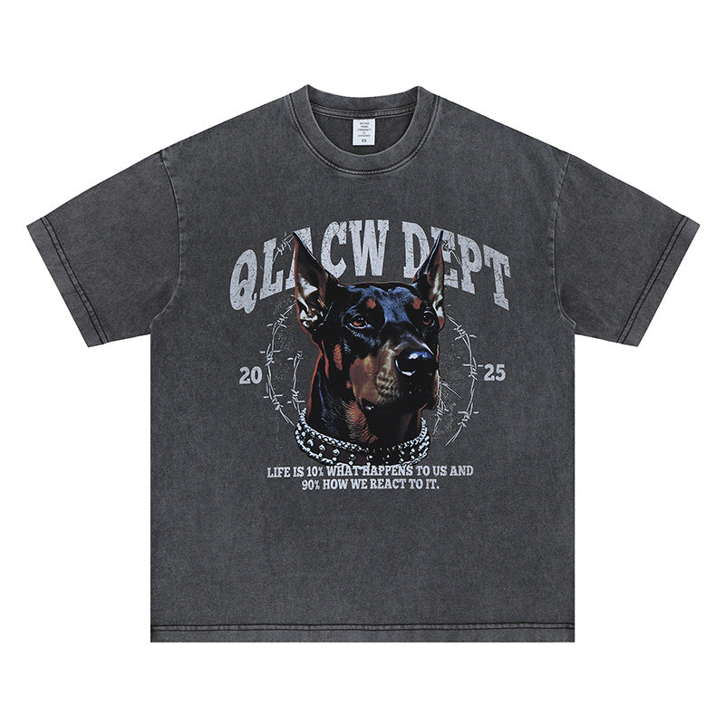 Vintage College Shirts Spring Doberman Printed Washed Old Short Sleeve T-Shirts