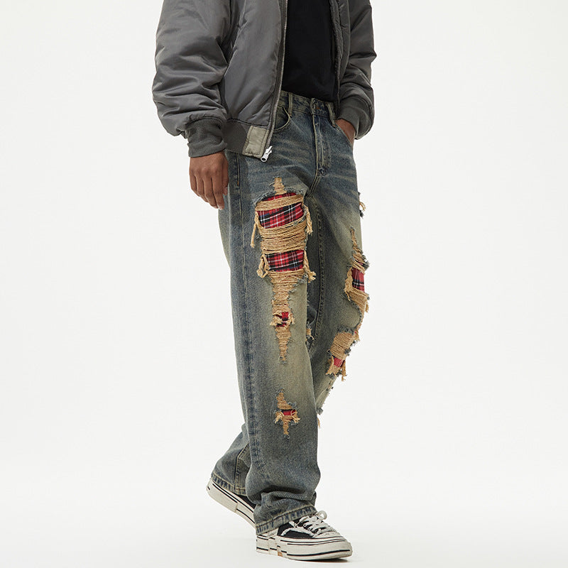 1990 Fashion Jeans Vintage Ripped Patch Loose Straight Jeans