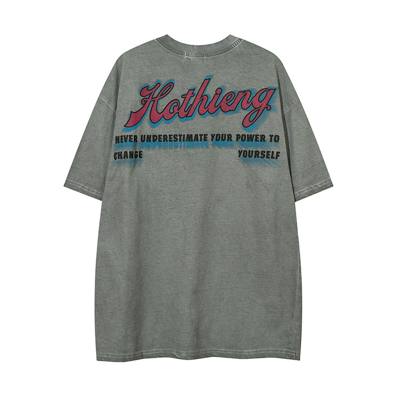 Vintage T Shirts Hip Hop Vintage Washed Old Character Print Short Sleeve T-Shirt