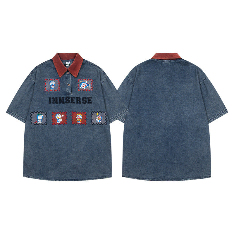 Y2K mens shirt retro cartoon lapel stitching embroidered polo shirt