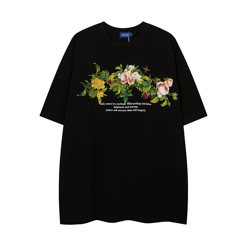 Vintage T Shirts Hip Hop Retro Floral Print Short Sleeve T-Shirt