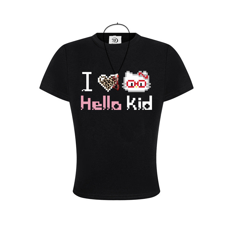 Casual Street Wear cute kitty print alphabet short sleeve t-shirt