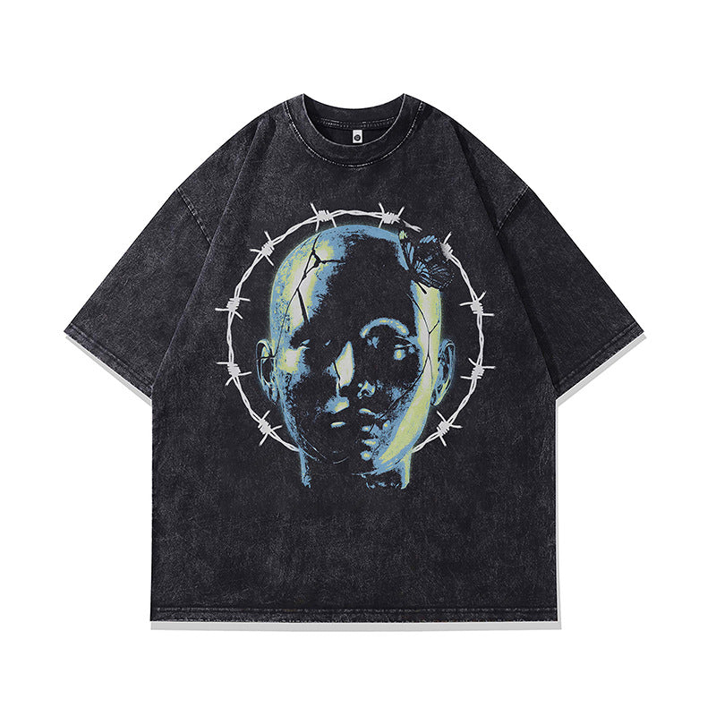 Ropa Vintage Hombre Washed Short Sleeve T-Shirt Crew Neck Top