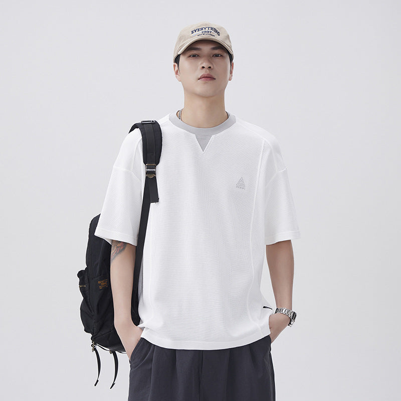 Men T-shirts Fake two-piece splicing short-sleeved top Summer loose