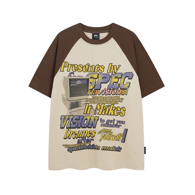 Y2K mens shirt washed spray-painted letter stitching retro loose round neck short-sleeved T-shirt