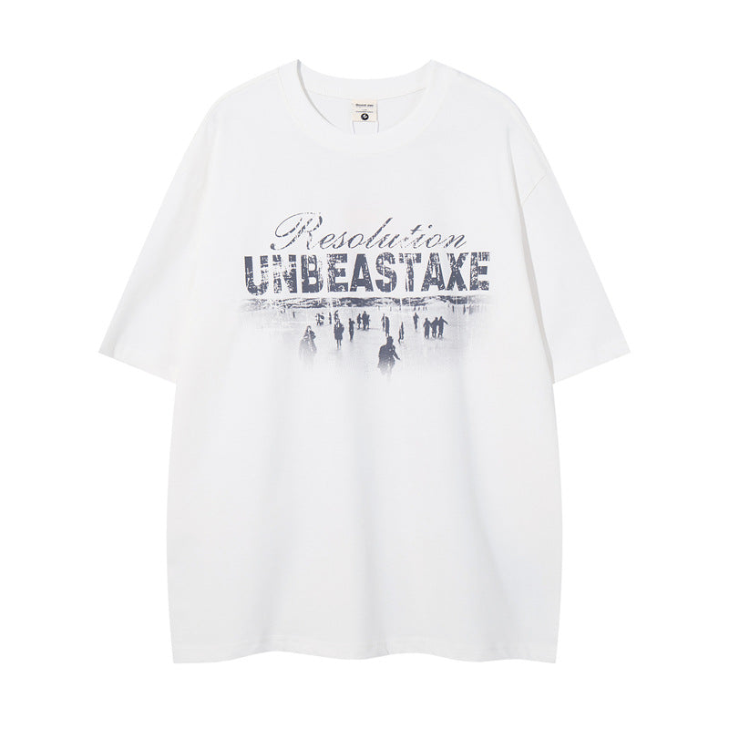 Y2K mens shirt retro loose round neck men's short sleeve T-shirt