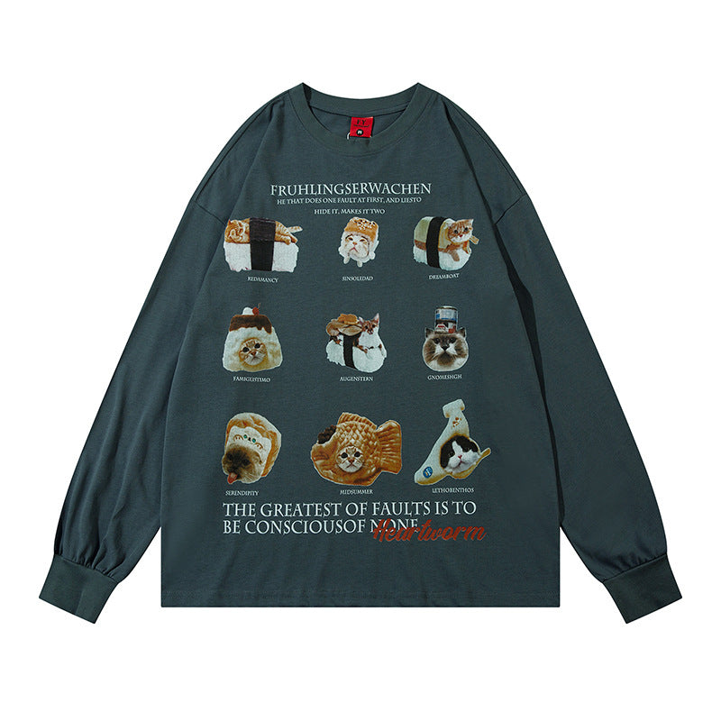Marcas De Streetwear Vintage Sushi Cat Print Long Sleeve T-Shirt