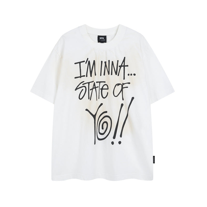 Y2K mens shirt washed loose and old letter question mark printed crew neck T-shirt