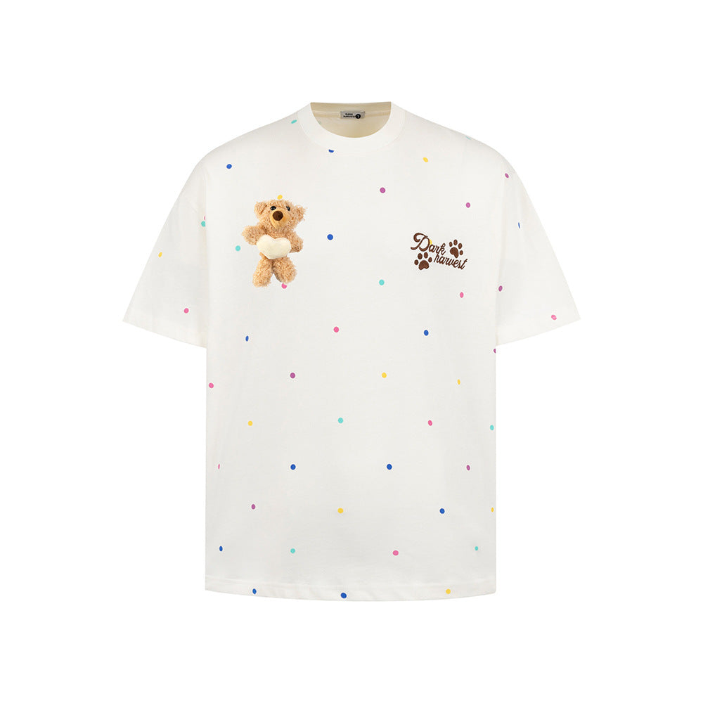 Nostalgia T Shirts Cartoon 3D Bear Doll Embroidered Loose Casual T-Shirt