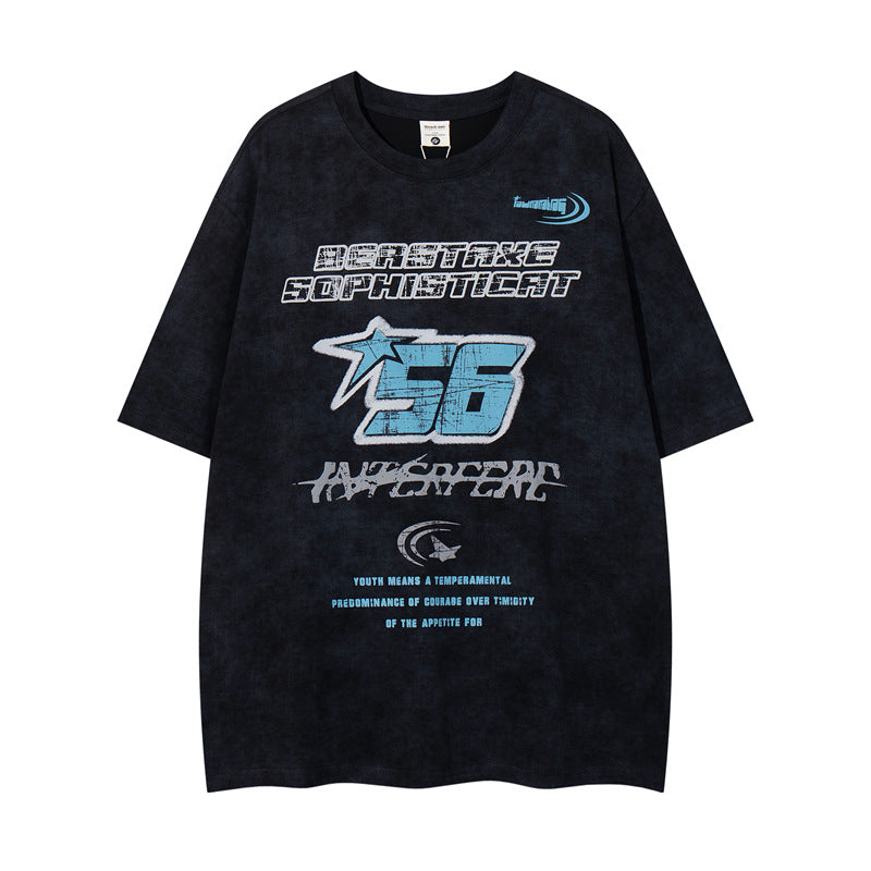 Y2K mens shirt retro washed old letter print T-shirt wide