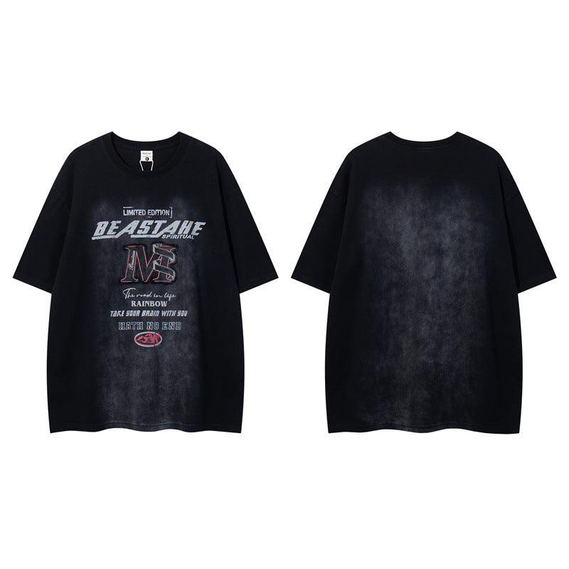 Y2K mens shirt washed network offset cloth embroidery T-shirt