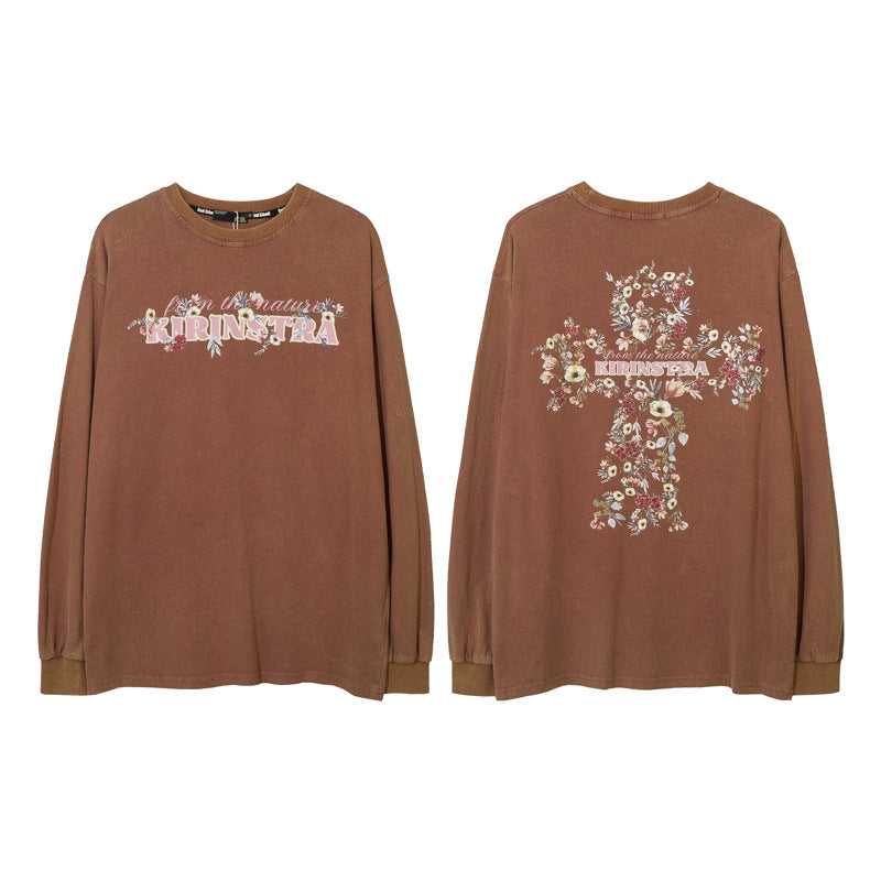 Vintage T Shirts Hip Hop Washing Water Old Cross Print Long Sleeve T-Shirt
