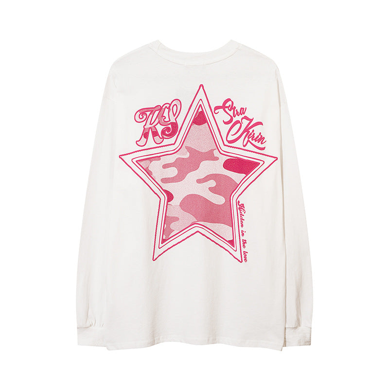 Vintage T Shirts Hip Hop Star Letter Foam Print Long Sleeve T-Shirt
