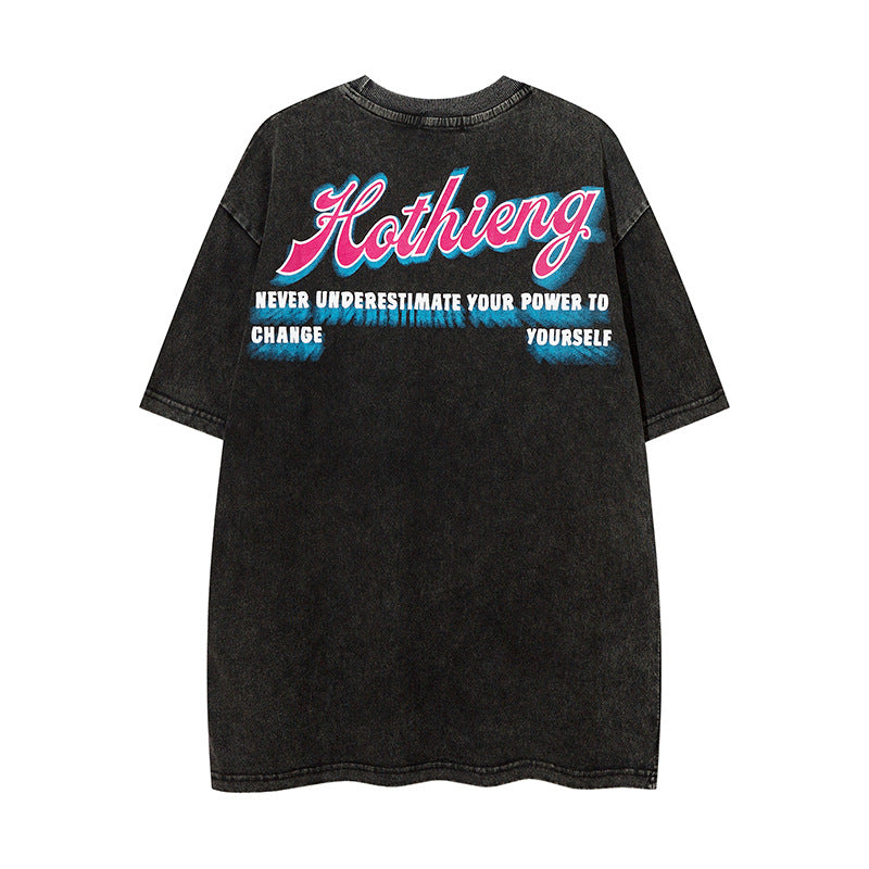 Vintage T Shirts Hip Hop Vintage Washed Old Character Print Short Sleeve T-Shirt