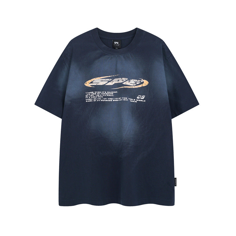 Y2K mens shirt washed tie-dye spray-painted letters hip-hop retro waste crew neck men's short-sleeved T