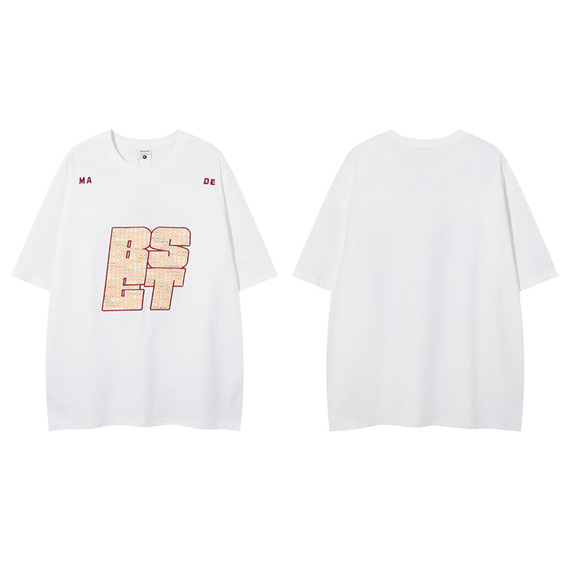Y2K mens shirt embroidered letter round neck short-sleeved shirt
