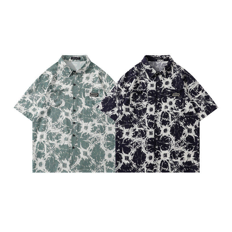 Y2K mens shirt retro loose casual short-sleeved tie men's shirt
