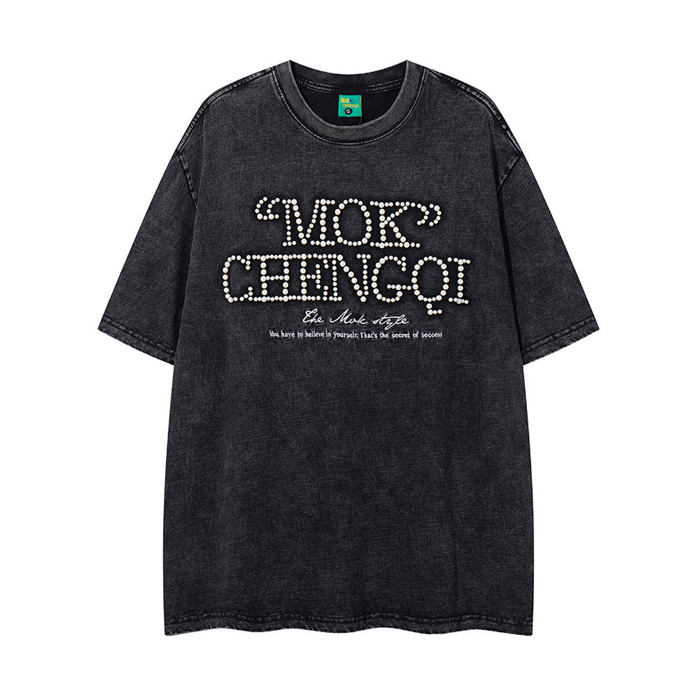 Nostalgia T Shirts Vintage Pearl Letter Short Sleeve T-Shirt Summer Crew Neck Top