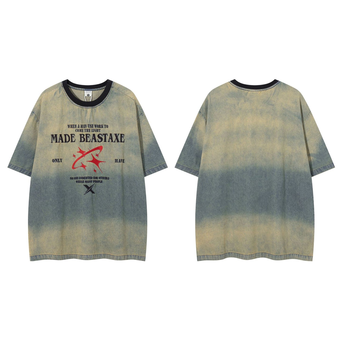 60s Style T Shirts Summer retro gradual change color washed denim short sleeve T-shirt