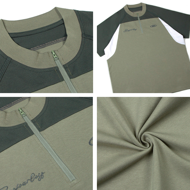 80s And 90s Vintage T Shirts Vintage Contrast Splicing Zipper Quick-Drying Short Sleeve T-Shirt