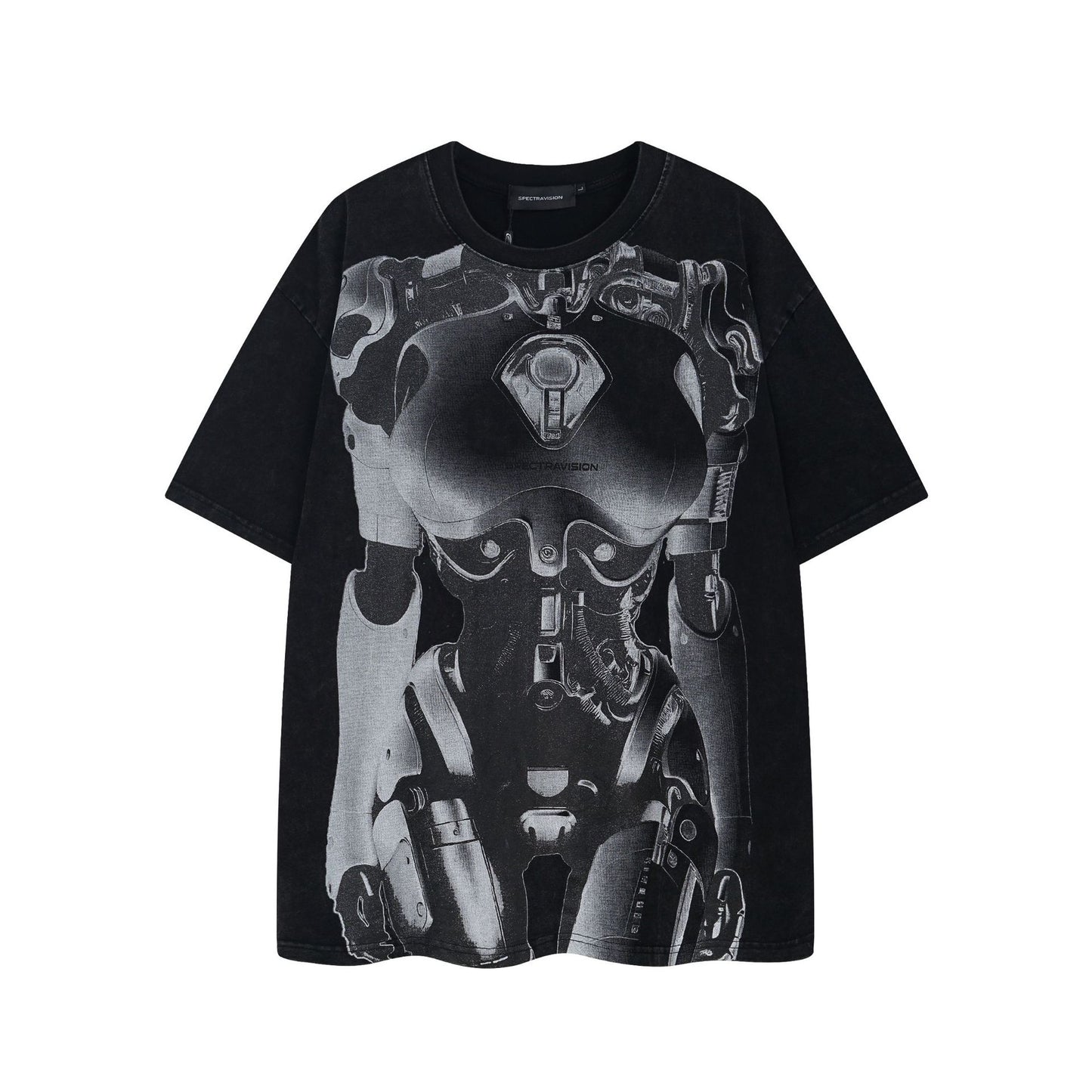 1990 Fashion T-Shirt Washed and Old Robot Printed Short Sleeve