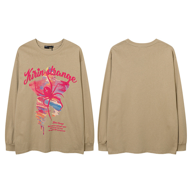 Vintage T Shirts Hip Hop Vintage Spider Foam Print Long Sleeve T-Shirt