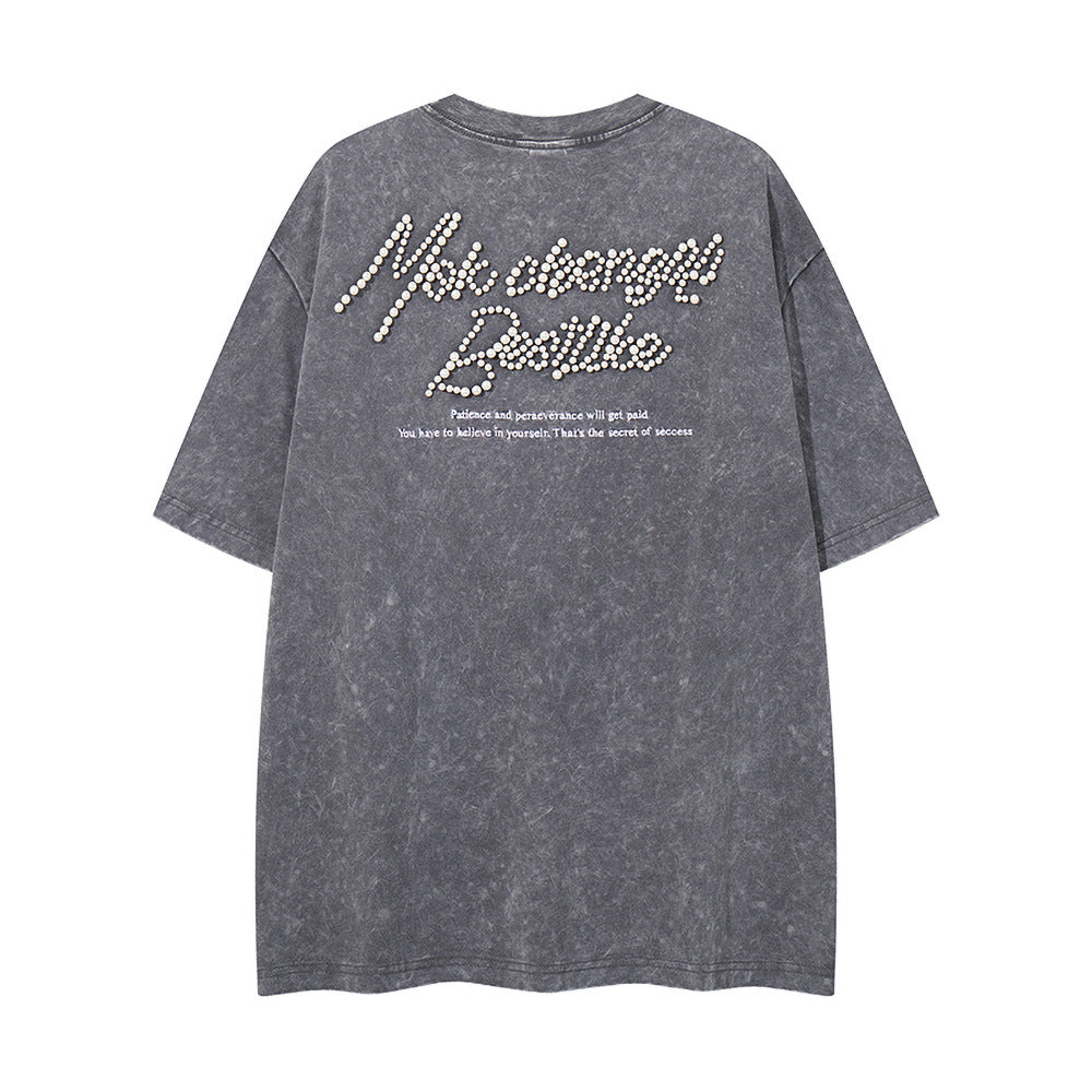 Nostalgia T Shirts Vintage Pearl Letter Short Sleeve T-Shirt Summer Crew Neck Top