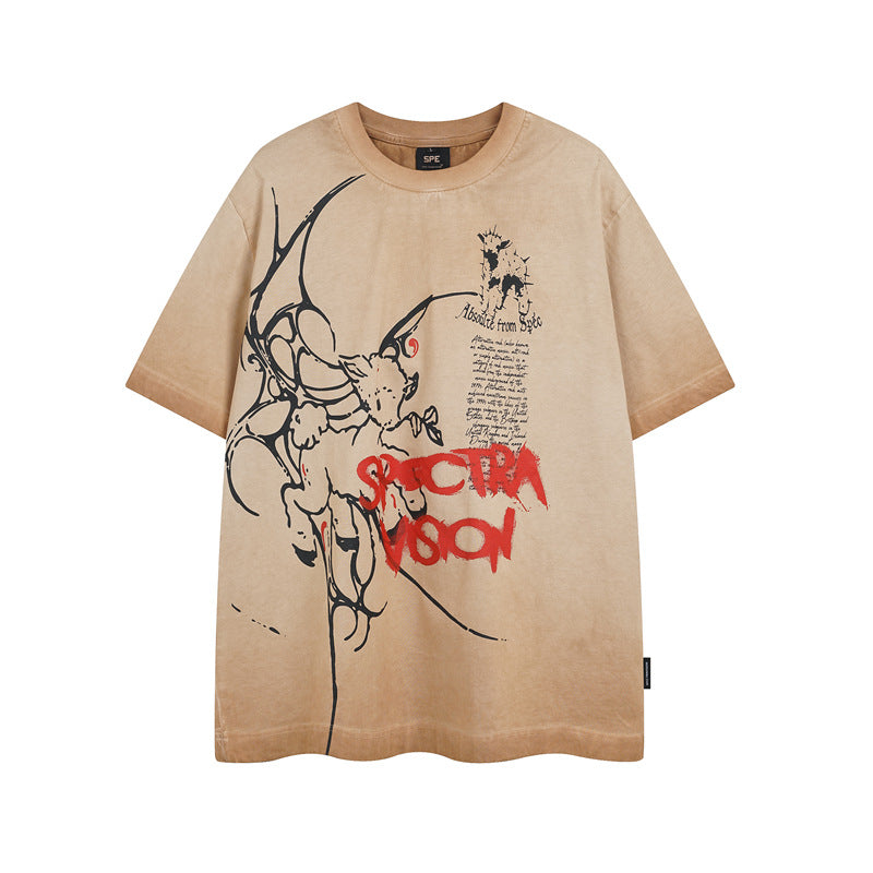 Y2K mens shirt washed tie-dye spray-painted retro round neck short sleeve T