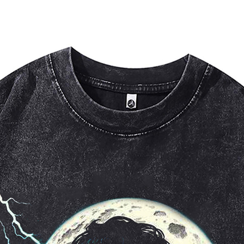 Ropa Vintage Hombre Washed Old Short Sleeve T-Shirt Vintage Demon Print