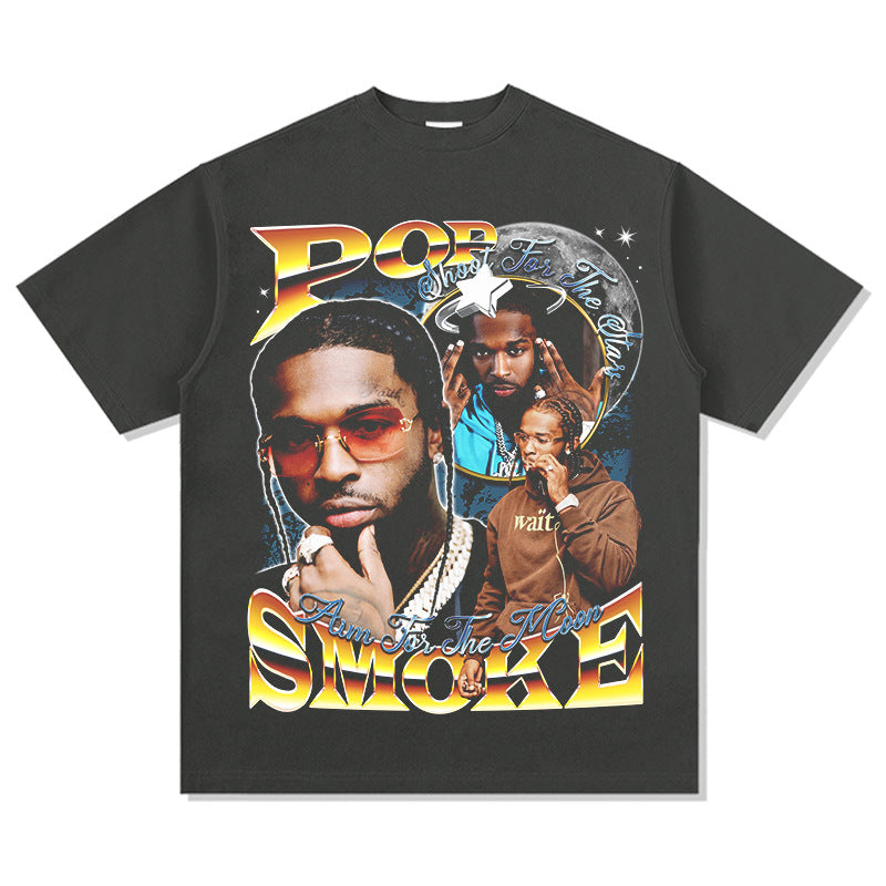 Cool t rapper vintage hip hop pop smoke print hiphop short sleeve t-shirt
