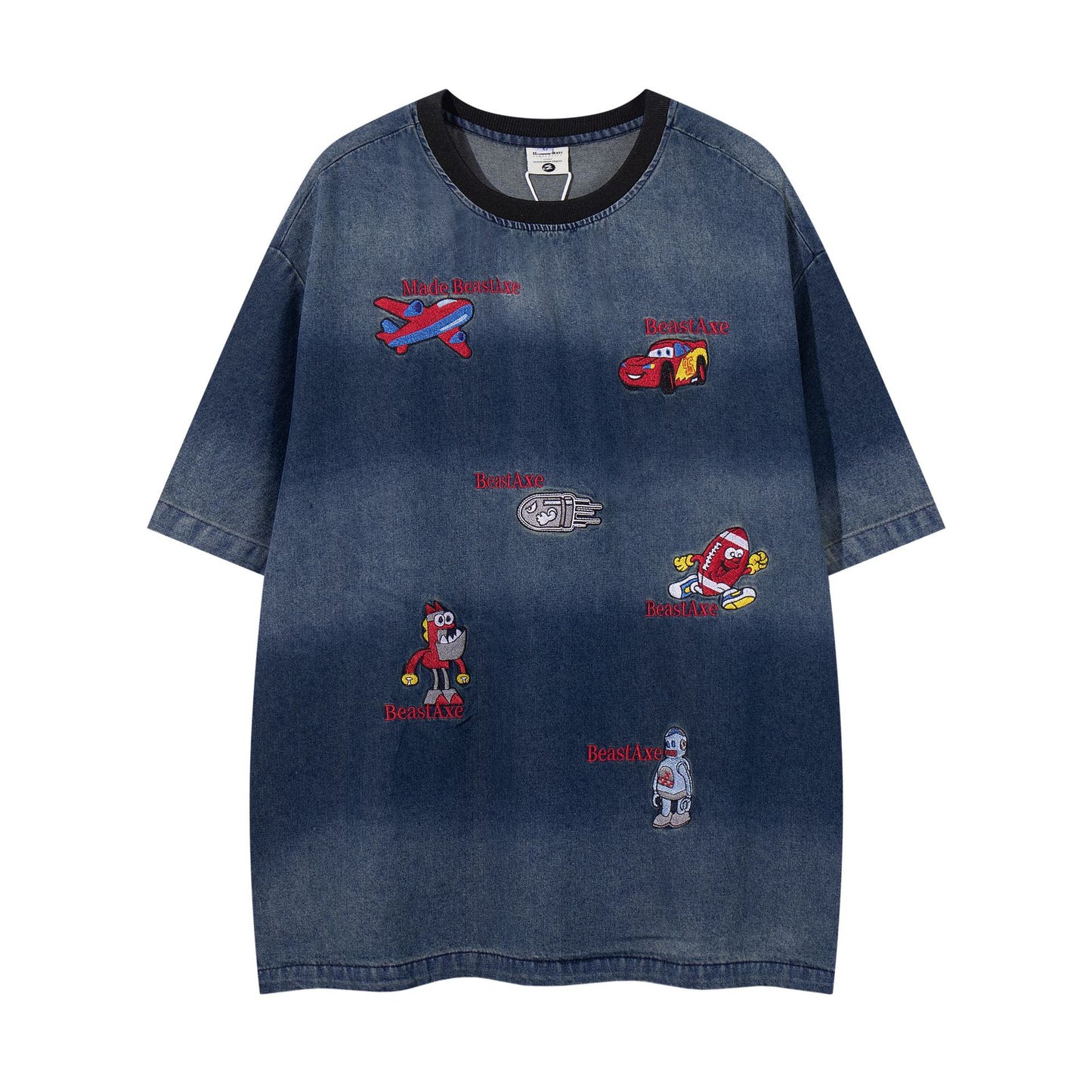 60s Style T Shirts Spring Vintage Cartoon Embroidery Washed Denim Short Sleeve T-Shirt