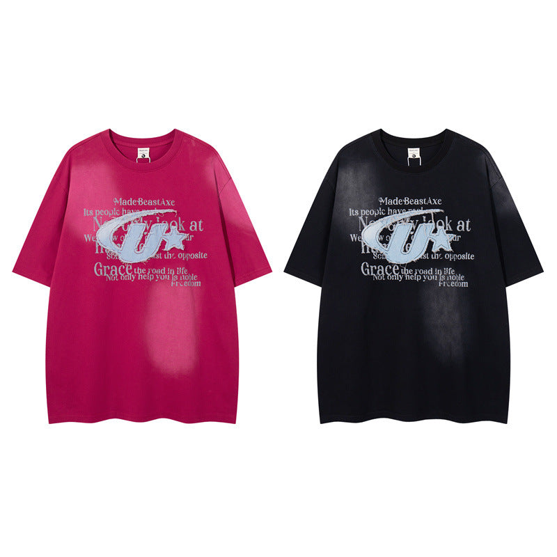 Y2K mens shirt retro printed washed old short sleeve T-shirt