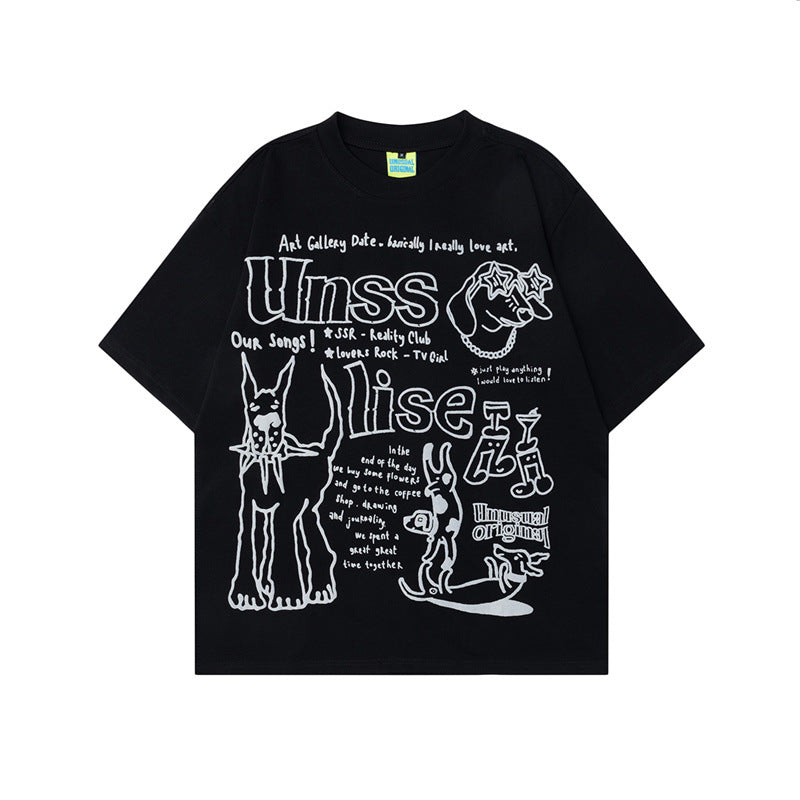 US drip outfits Summer Vintage Alphabet Doggy Print Casual Loose Short Sleeve T-Shirts