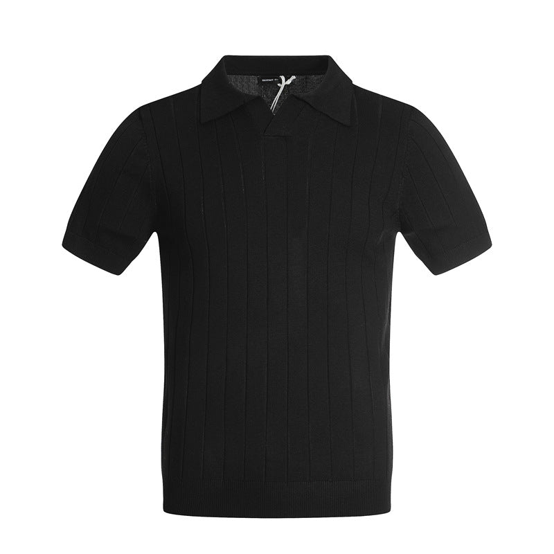 Casual Street Wear Vintage Striped Knitted Sweater V-Neck Short Sleeve POLO Shirt Top