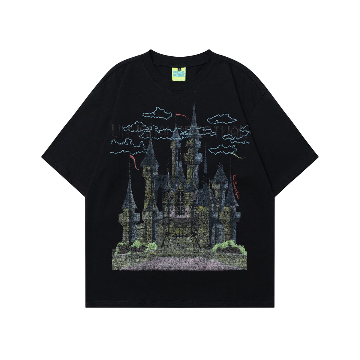 90s West Coast Hip Hop Fashion T Shirts Vintage Castle Print Cotton Short Sleeves