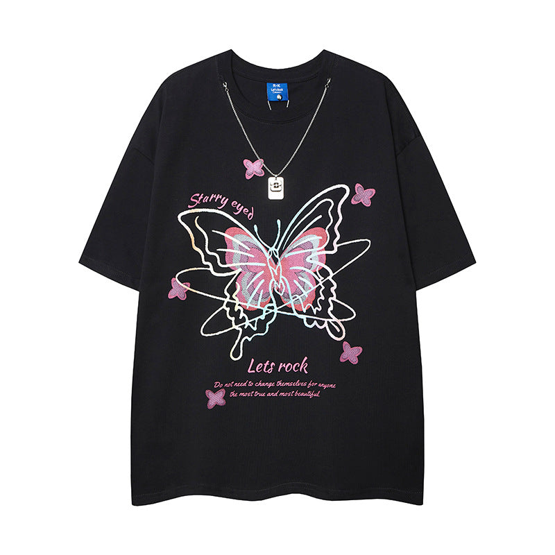 Nostalgia T Shirts Butterfly Print Necklace Short Sleeve T-Shirt