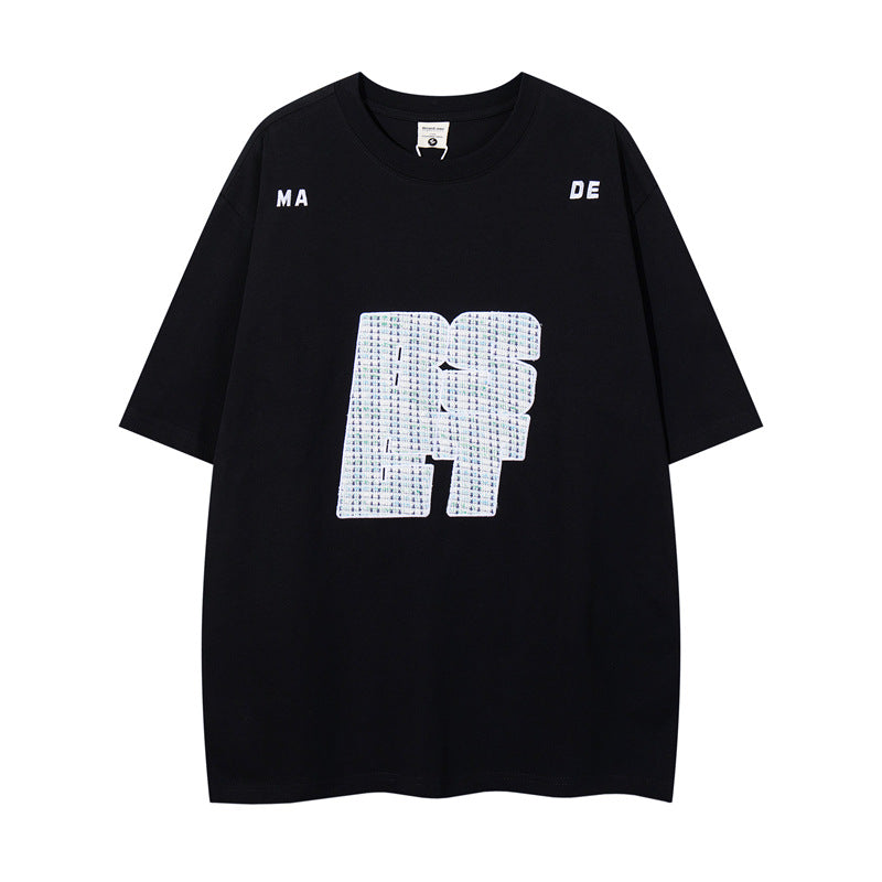 Y2K mens shirt embroidered letter round neck short-sleeved shirt