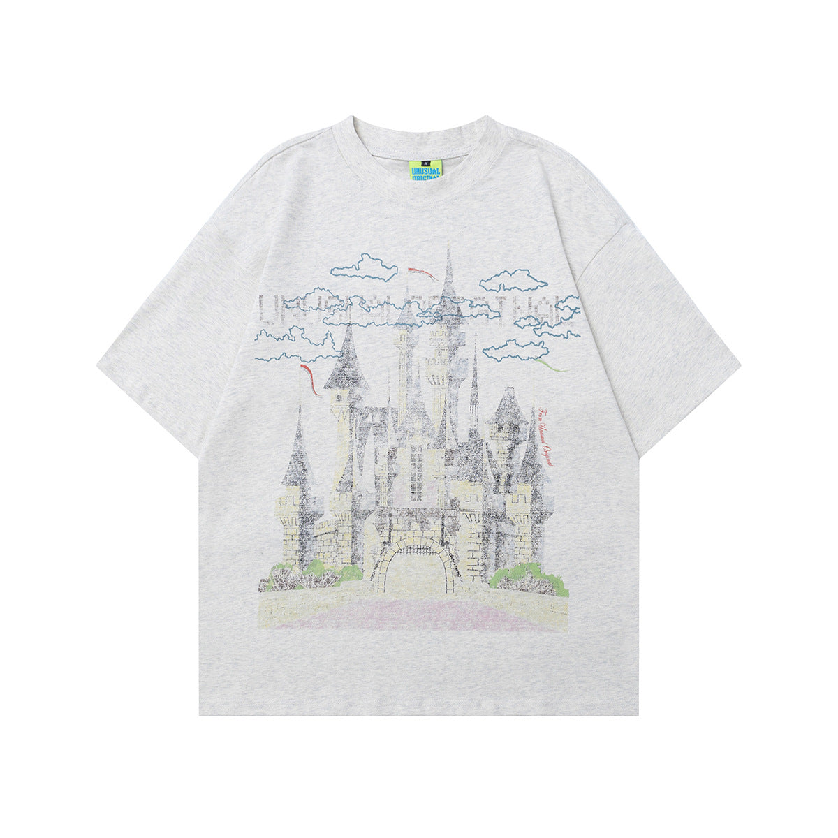 90s West Coast Hip Hop Fashion T Shirts Vintage Castle Print Cotton Short Sleeves