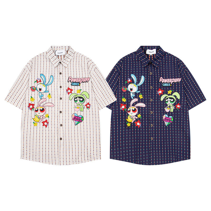 Y2K mens shirt retro loose leather-lined rabbit print casual short sleeve