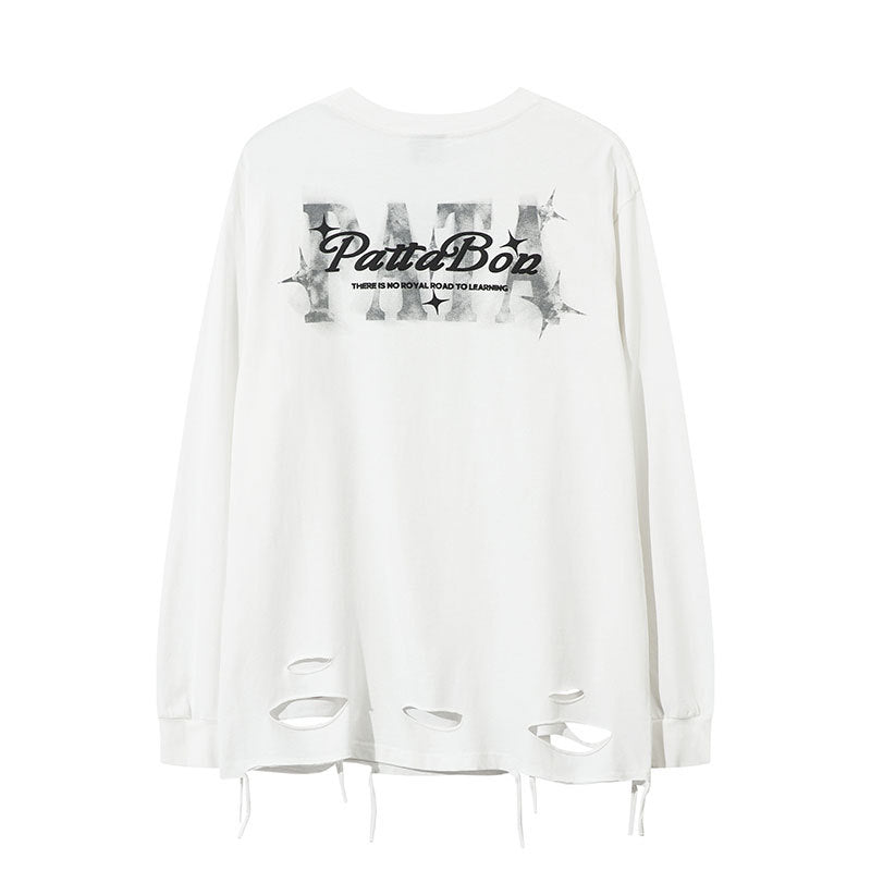 New York Hip Hop Style Long Sleeve T-Shirt Oversize Loose Crew Neck Ripped Top