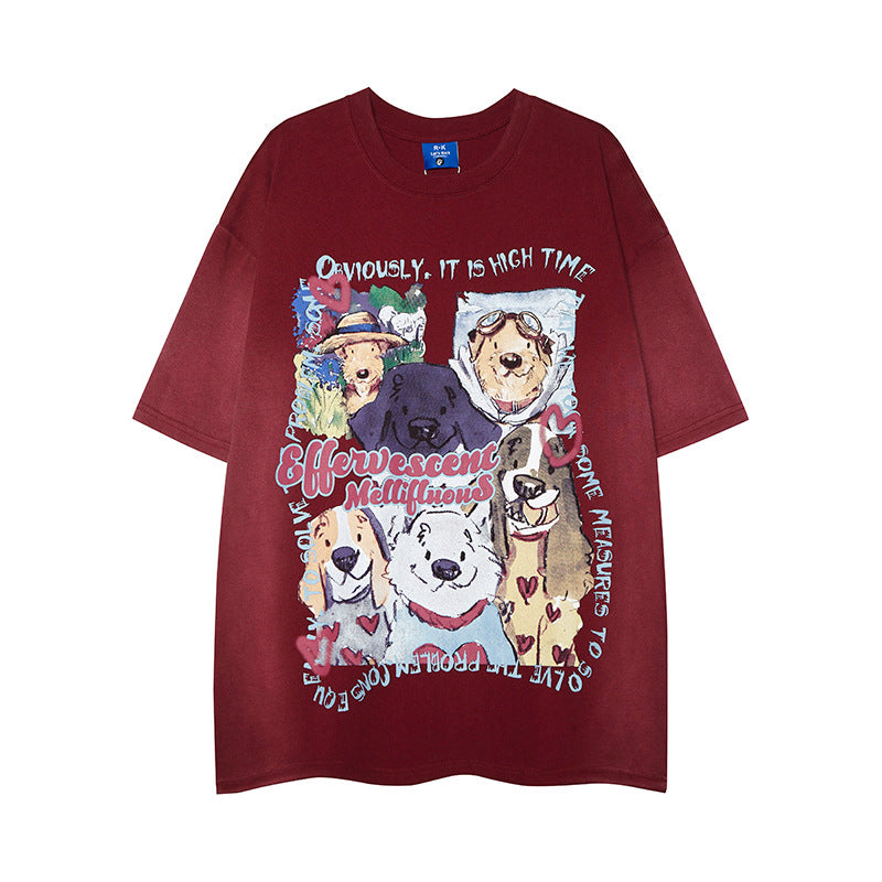 Nyc 1990 Shirt Retro Dog Print Burgundy Short Sleeve T-Shirt