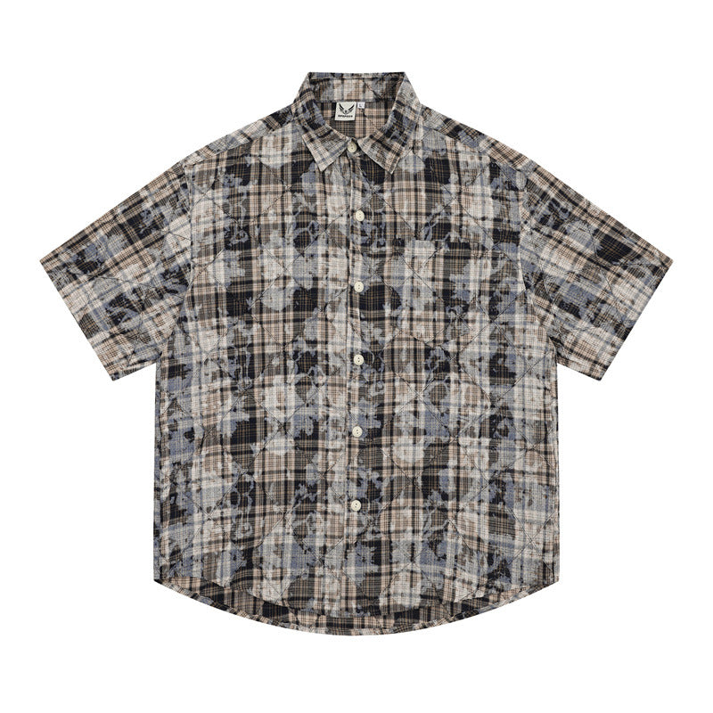 Stone Wash T shirt Retro plaid short-sleeved shirt Summer loose shorts