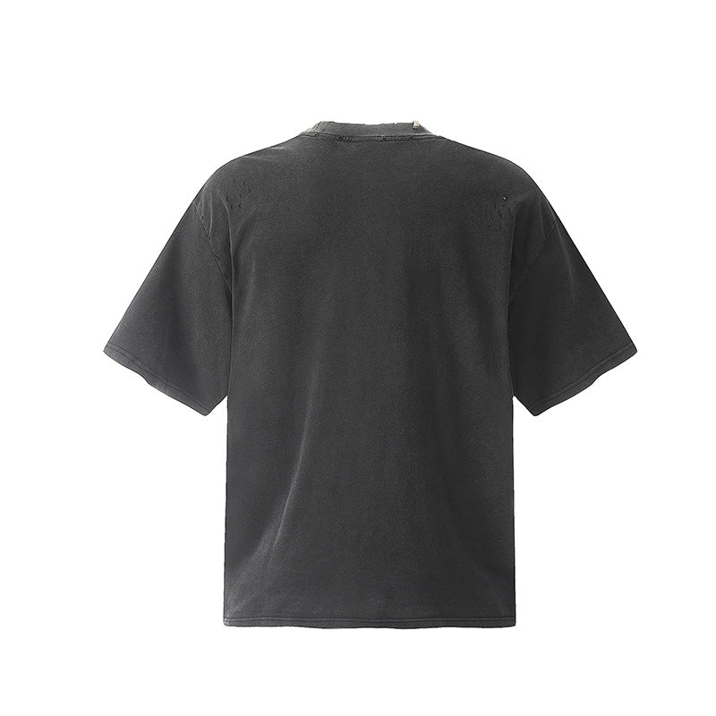 Marcas De Streetwear Vintage Washed Old Ripped Short Sleeve T-Shirt