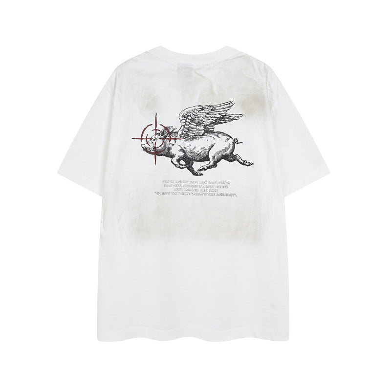 Y2K mens shirt retro loose round neck men's short sleeve T-shirt