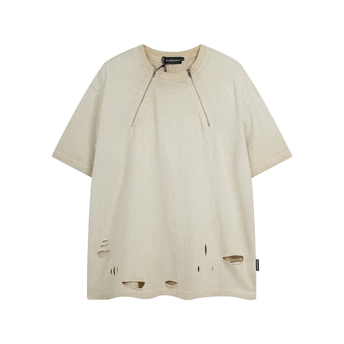 1990 Fashion T-Shirt Washed Ripped Zipper Short Sleeve
