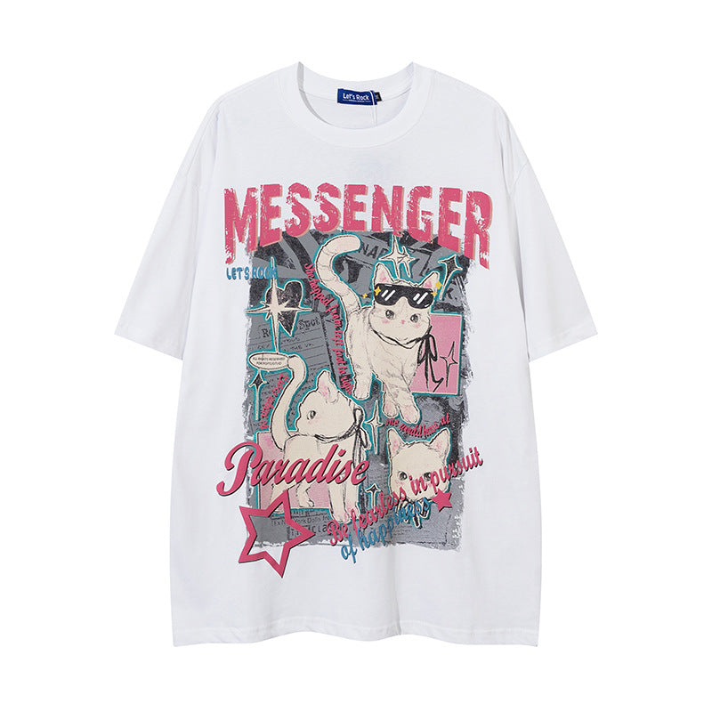 Nyc T Shirt Retro Cat Short Sleeve T-Shirt Summer Loose Casual Top