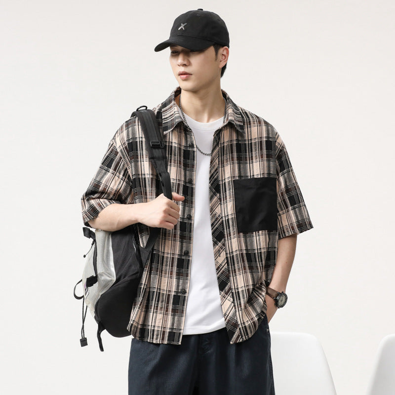 Men T-shirts Vintage Plaid Shirt Short Sleeve Summer Loose